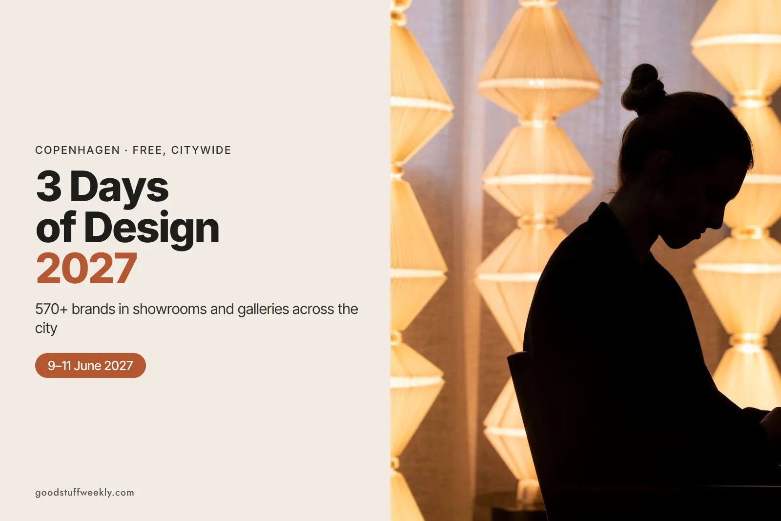 A visitor in silhouette between glowing paper lamps at a showroom during 3 Days of Design in Copenhagen