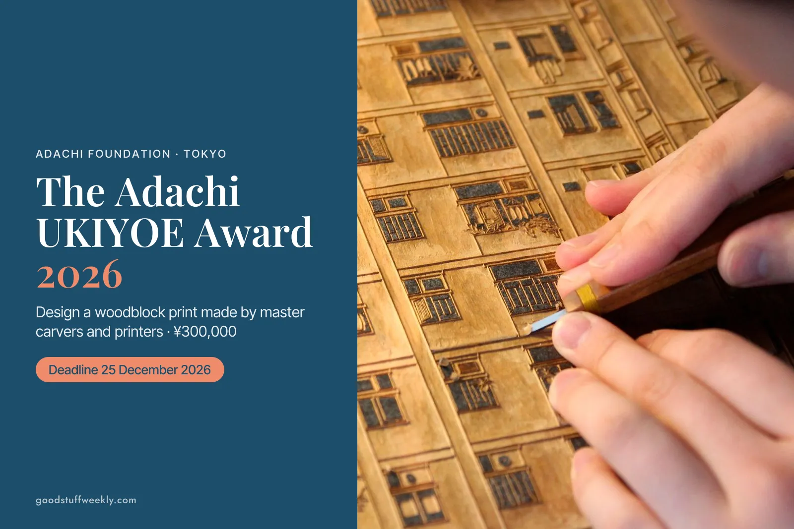 Hands carving a woodblock for a ukiyo-e print at the Adachi workshop, beside the title The Adachi UKIYOE Award 2026