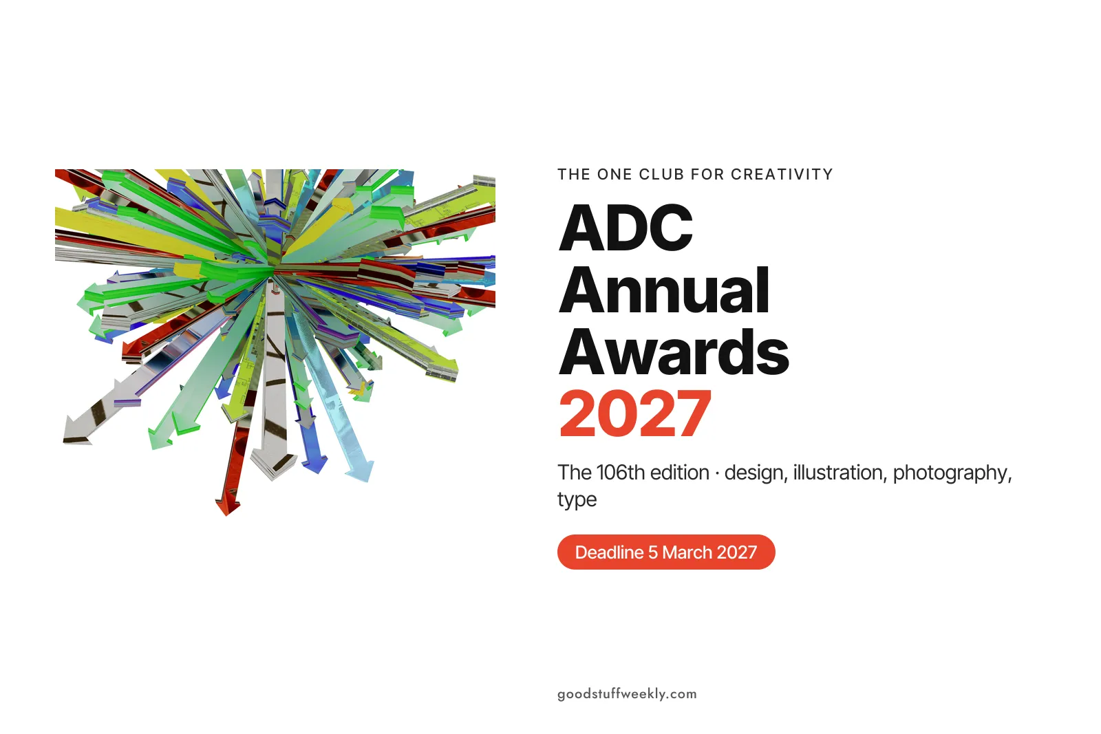 A burst of colourful 3D arrows, the visual of the ADC 106th Annual Awards, beside the title ADC Annual Awards 2027