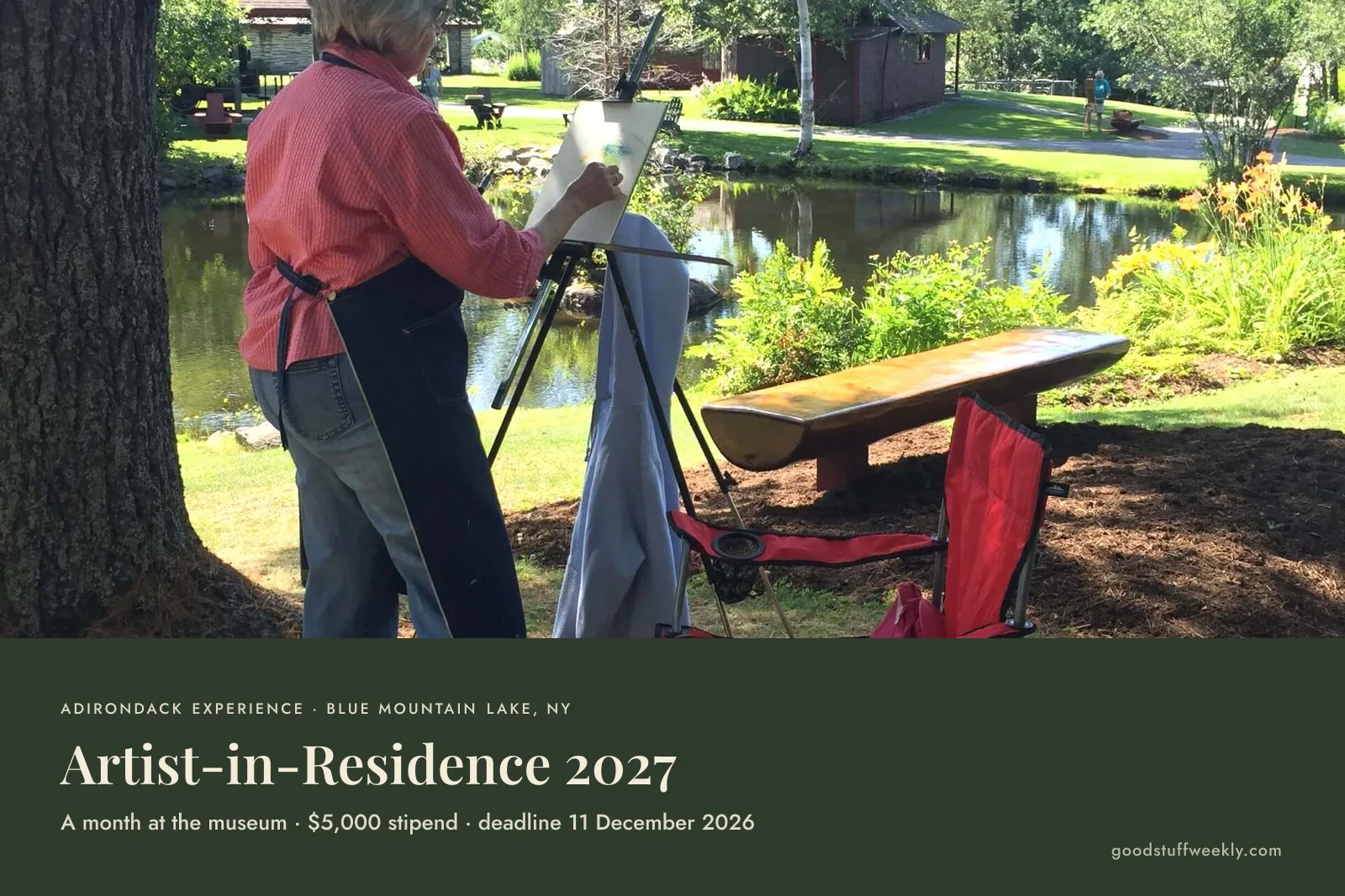 Artist painting at an easel by a pond at the Adirondack Experience, with the title Artist-in-Residence 2027