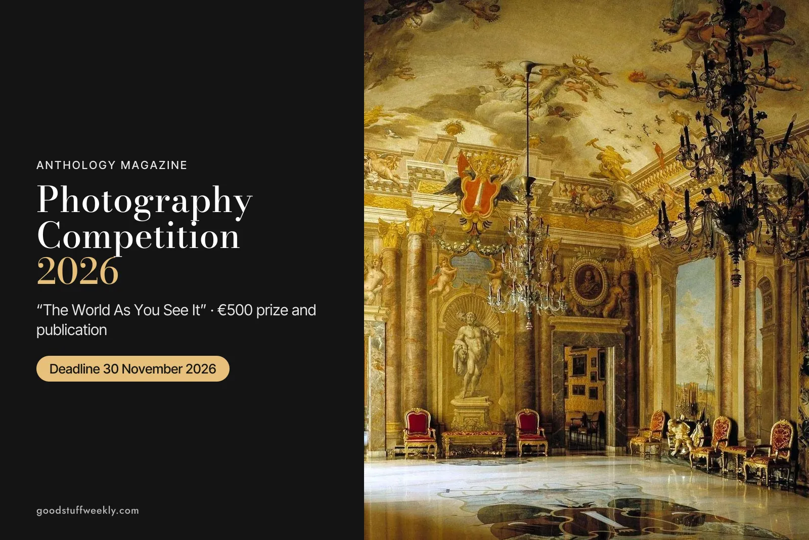 Gilded palace interior with chandeliers, beside the title Anthology Photography Competition 2026