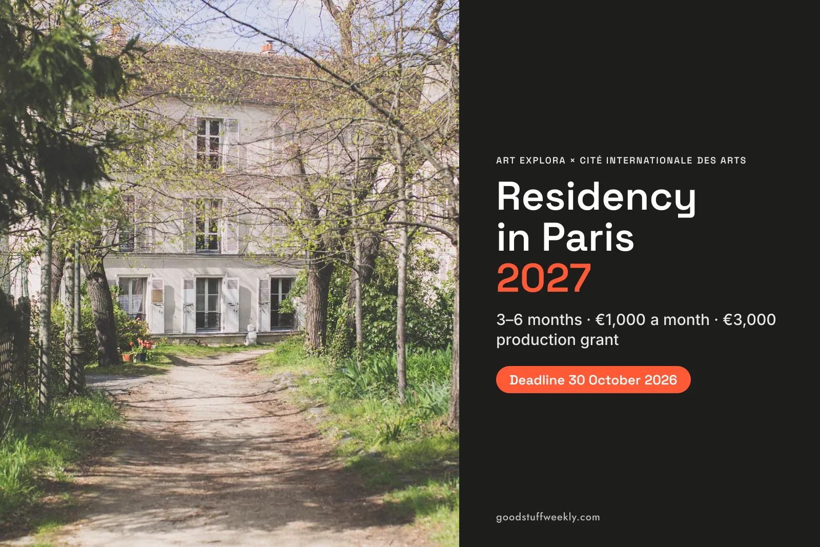 Garden path to a townhouse at the Cité internationale des arts in Montmartre, beside the title Art Explora Residency in Paris 2027
