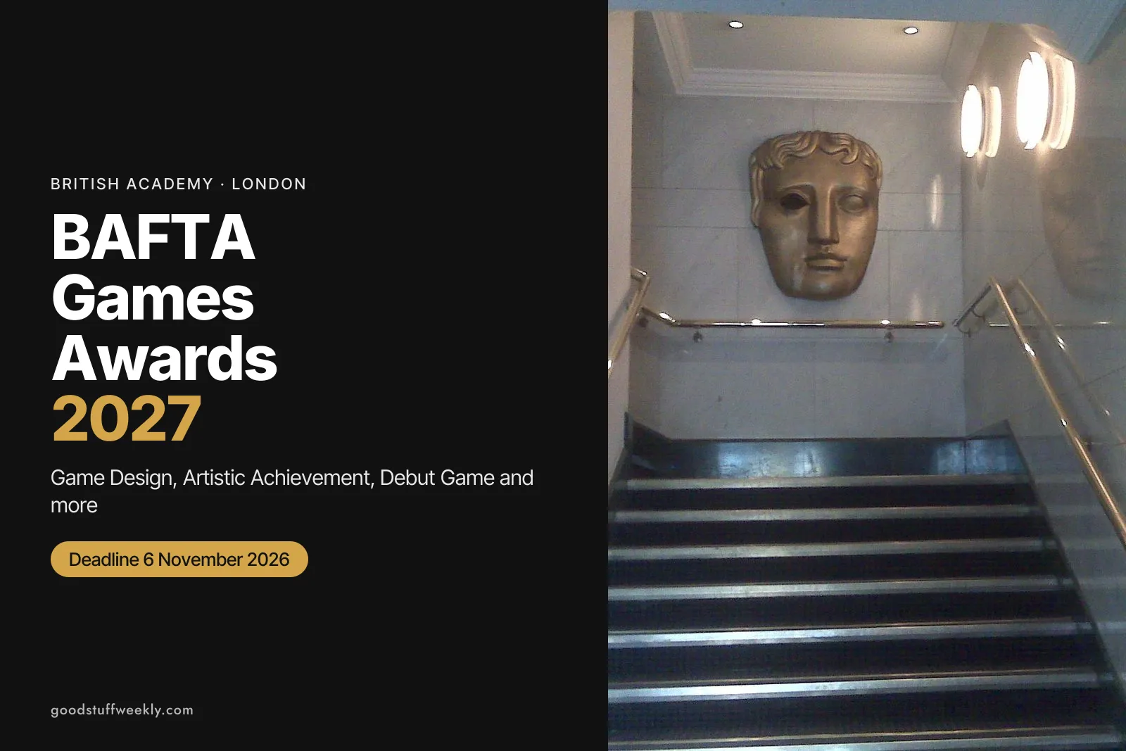 The golden BAFTA mask on the wall above a staircase at BAFTA's headquarters in London