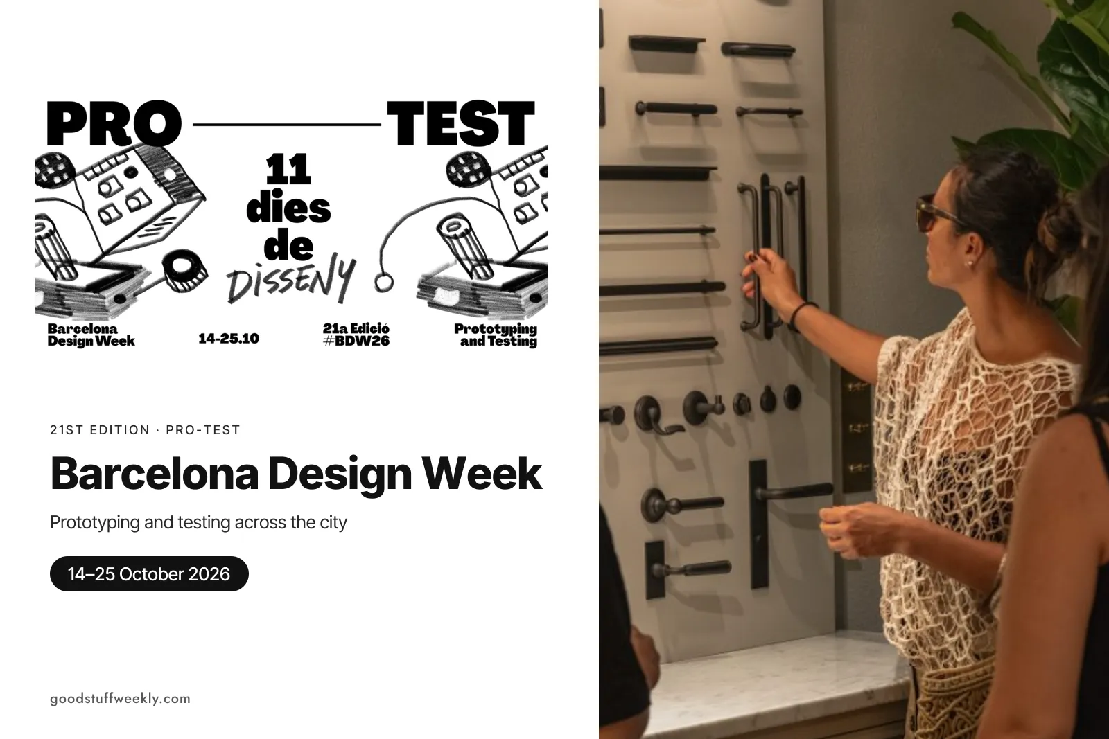 Visitor looking at door handles at a Barcelona Design Week showroom, beside the PRO-TEST poster and the dates 14–25 October 2026