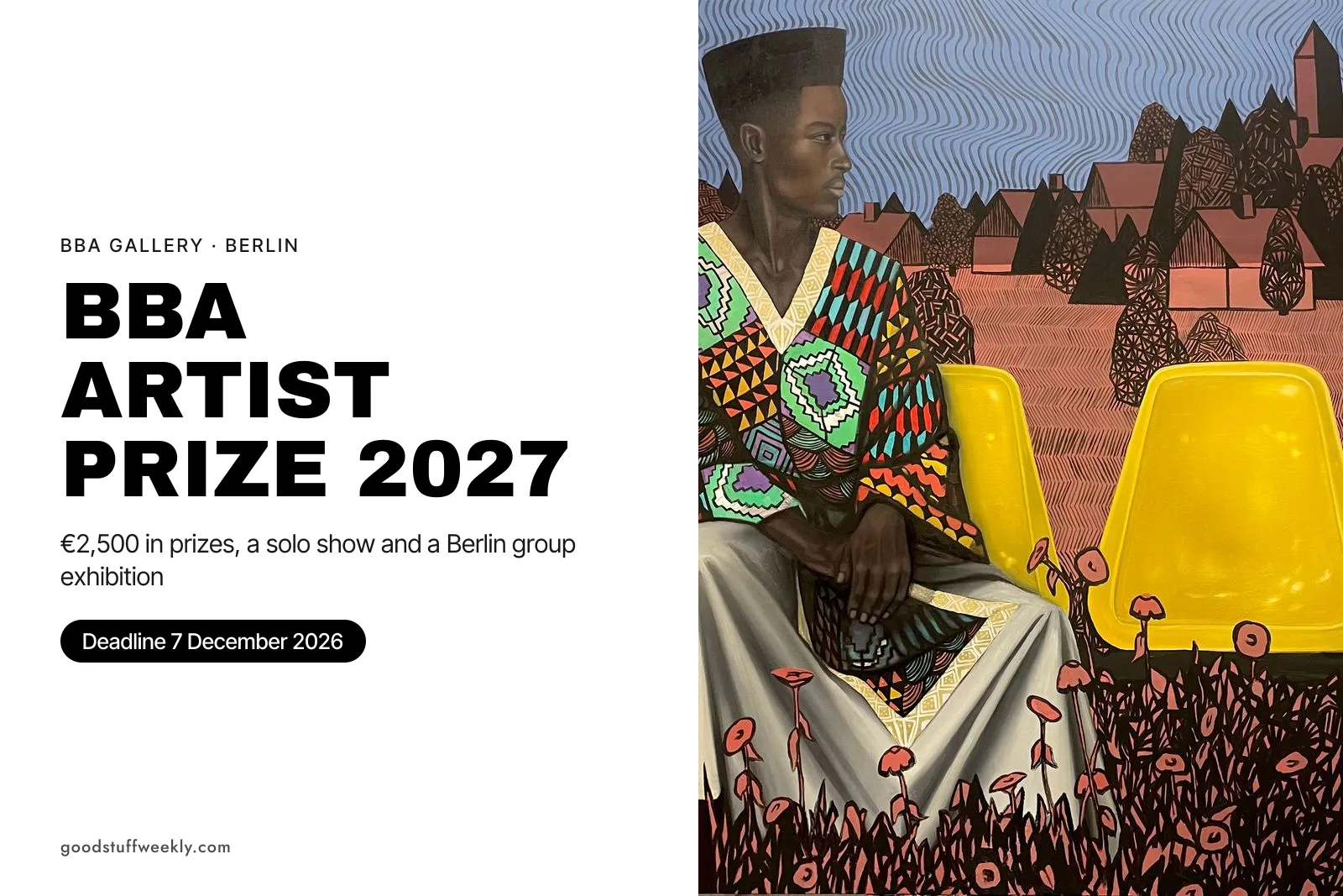 Painting of a seated figure in patterned clothes, beside the title BBA Artist Prize 2027