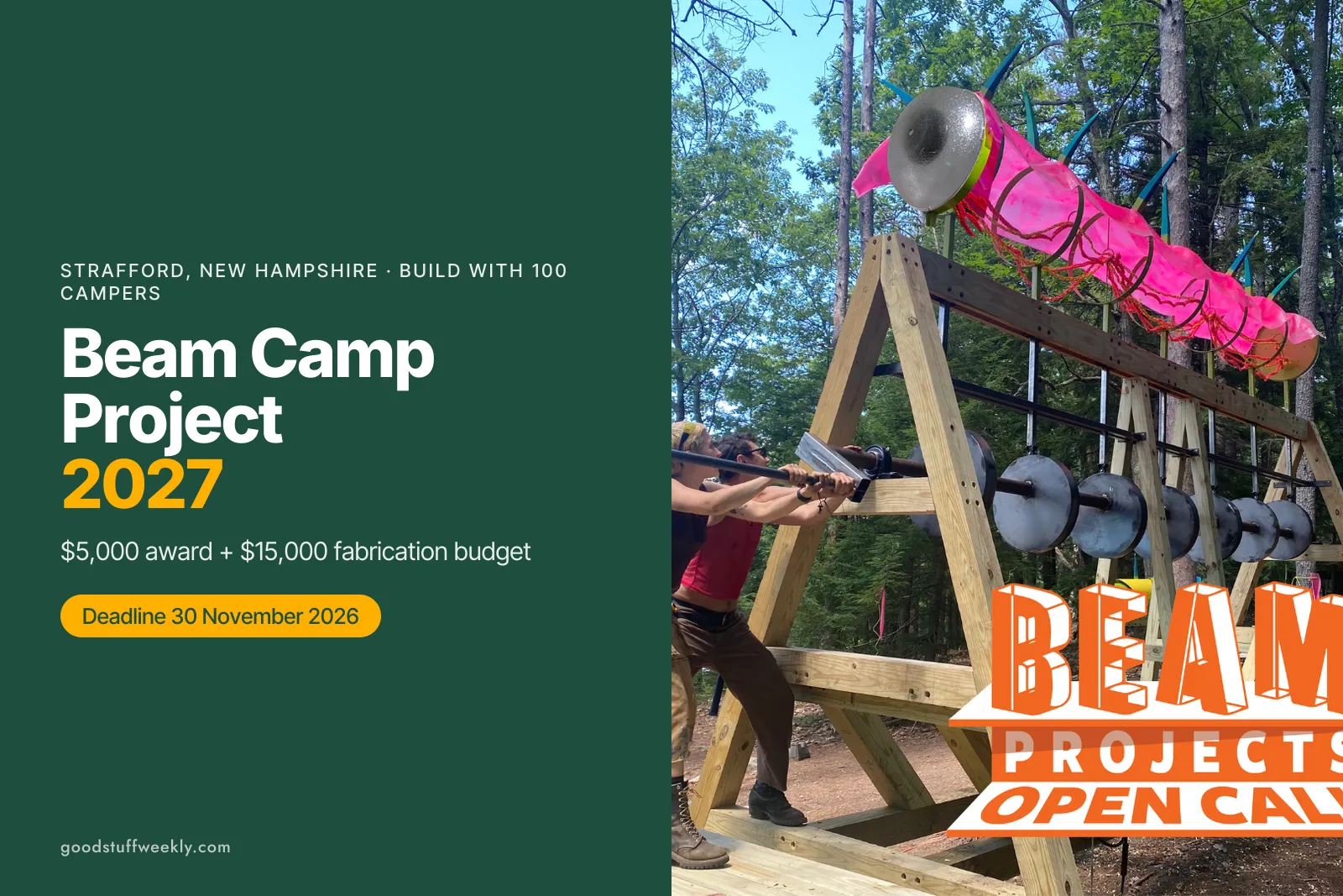 A camper building a large wooden and pink sculpture at Beam Camp, with the words Beam Projects Open Call