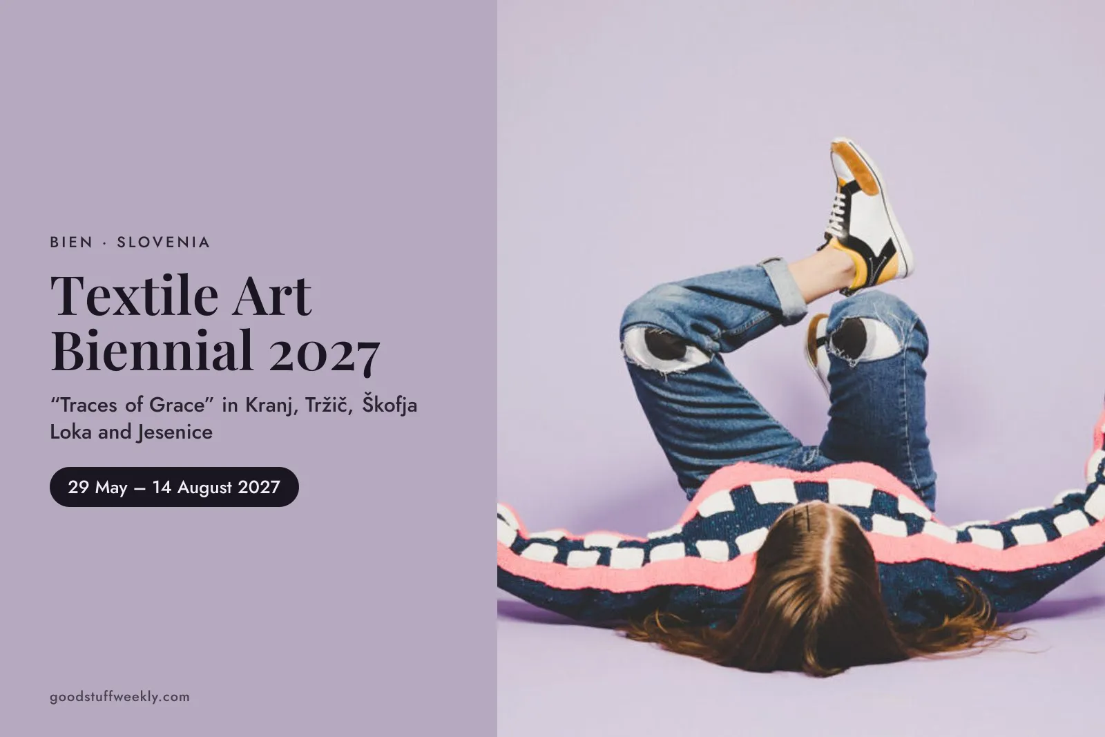 Person lying in a knitted outfit on a lilac background, beside the title Textile Art Biennial 2027