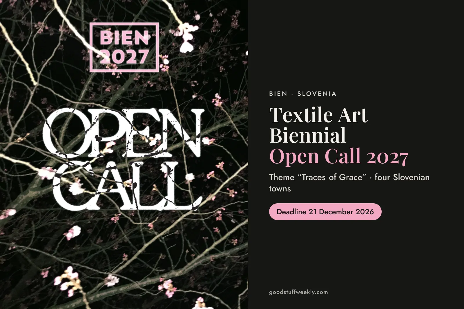 BIEN 2027 Open Call poster with blossom on branches, beside the title Textile Art Biennial Open Call 2027