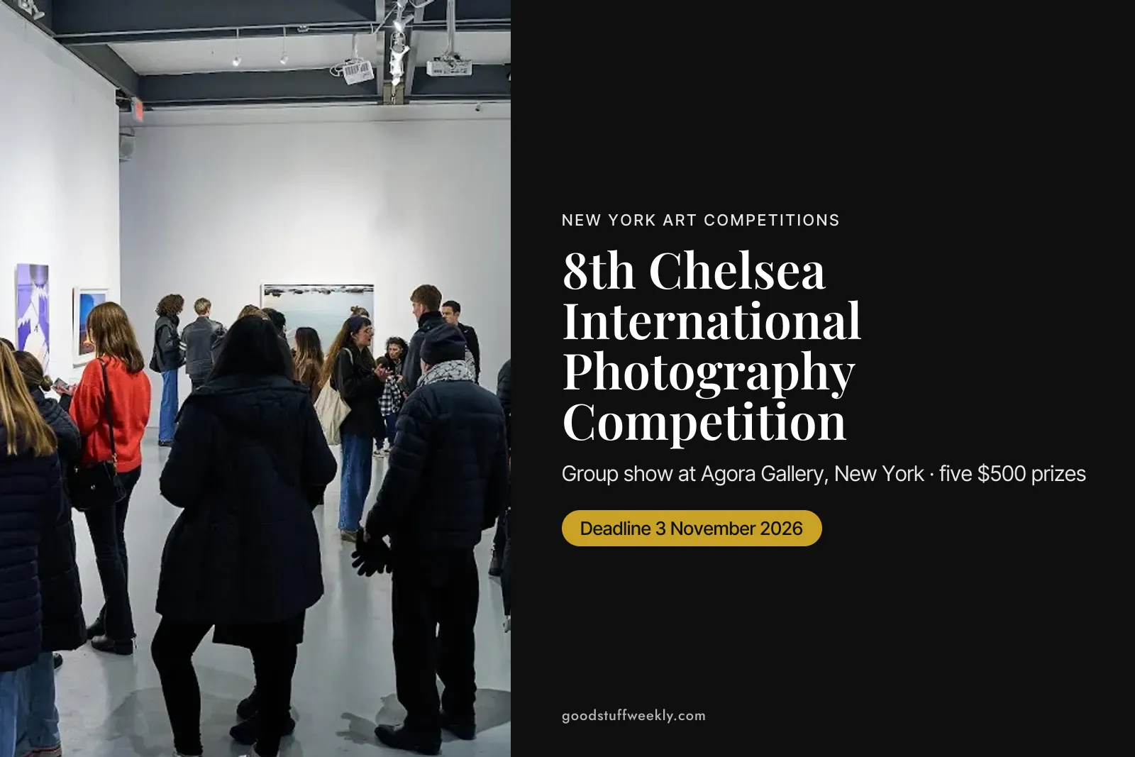 Visitors at an opening at Agora Gallery, New York, beside the title 8th Chelsea International Photography Competition