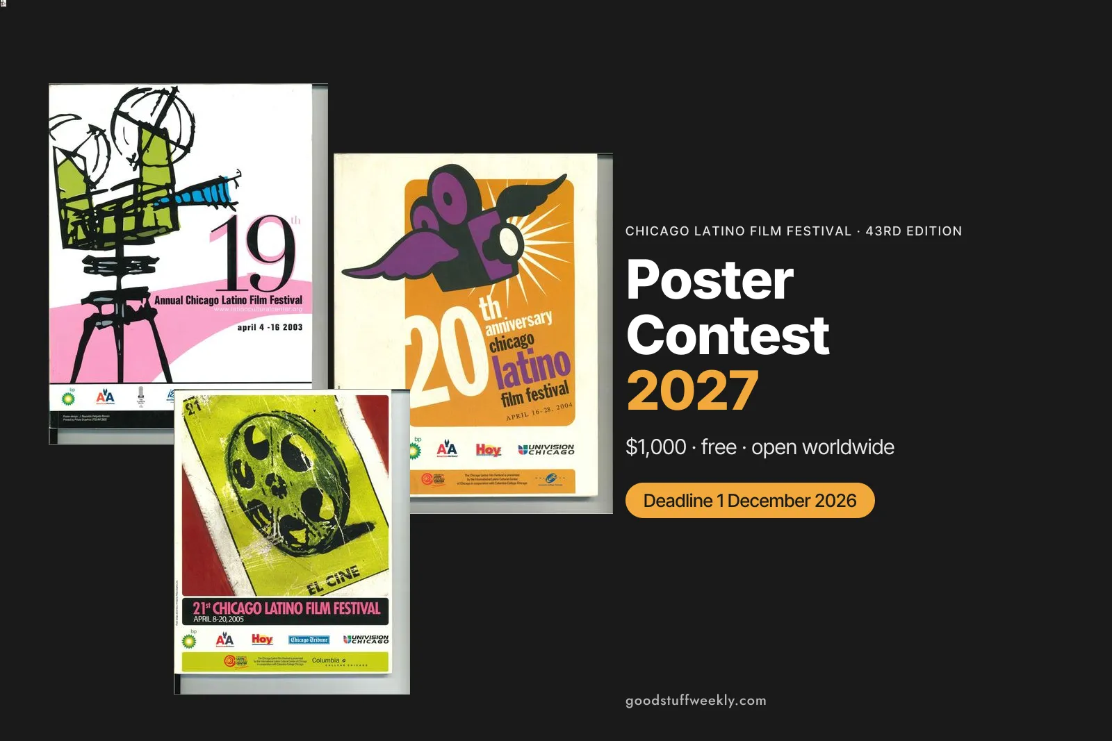 Three past Chicago Latino Film Festival posters (19th, 20th and 21st editions) beside the title Poster Contest 2027