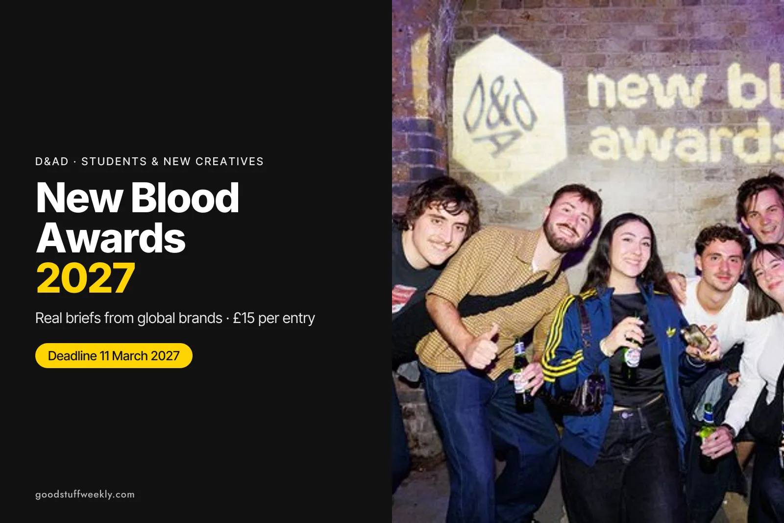 Young creatives celebrating in front of a projected New Blood Awards logo at the D&AD awards night
