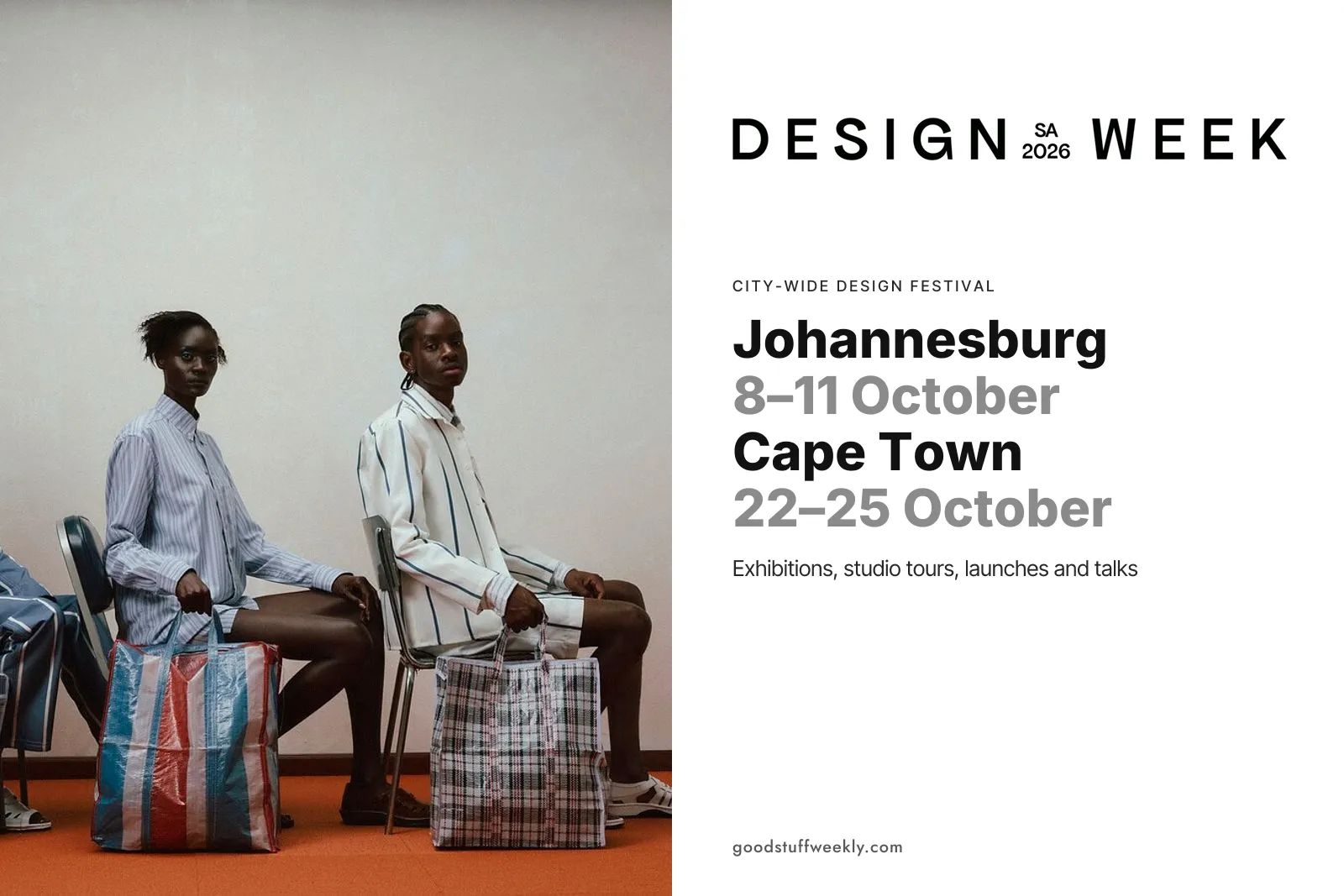 Two models in striped shirts seated with checked bags, beside the Design Week SA 2026 logo and the Johannesburg and Cape Town dates