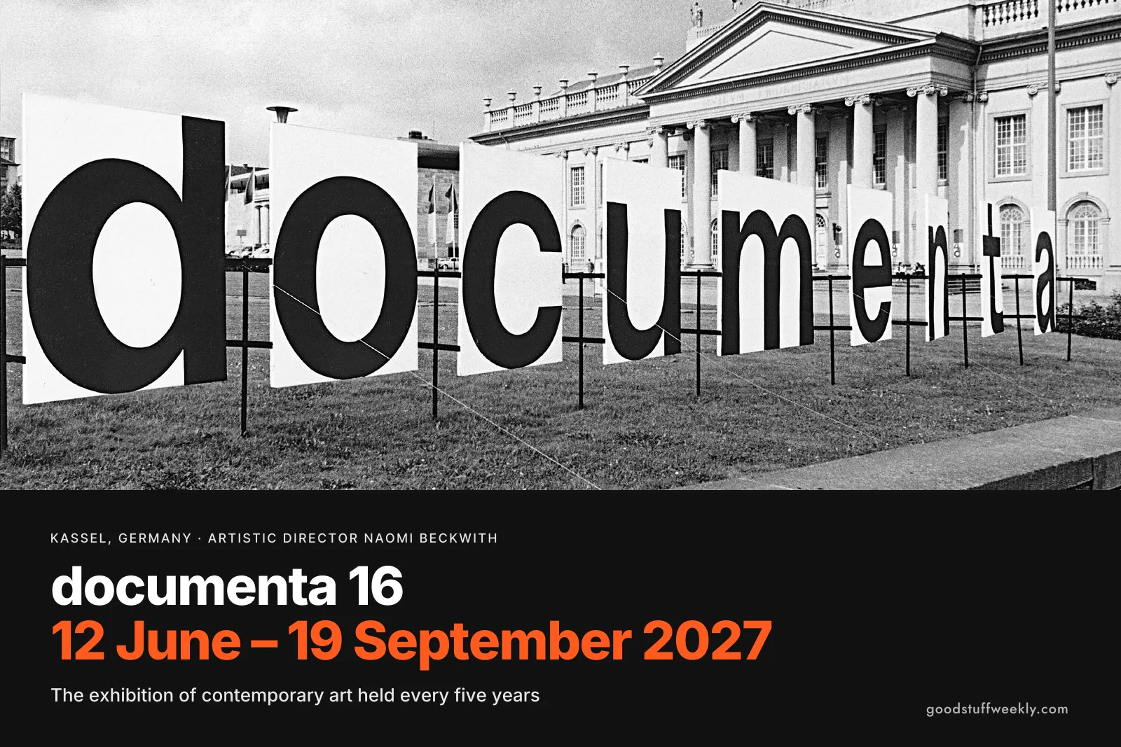Giant black-and-white letters spelling documenta on the lawn in front of the Fridericianum in Kassel
