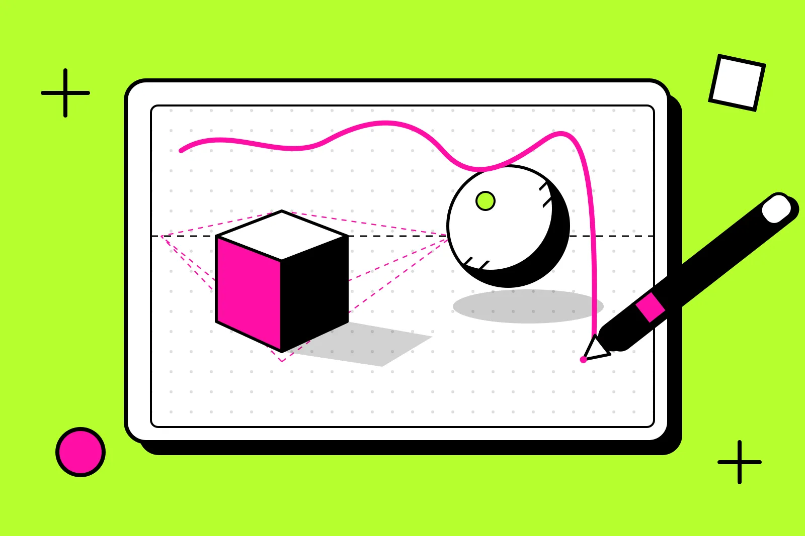 Illustration of a drawing tablet with a stylus sketching a shaded cube and sphere in perspective, in pink, black and lime