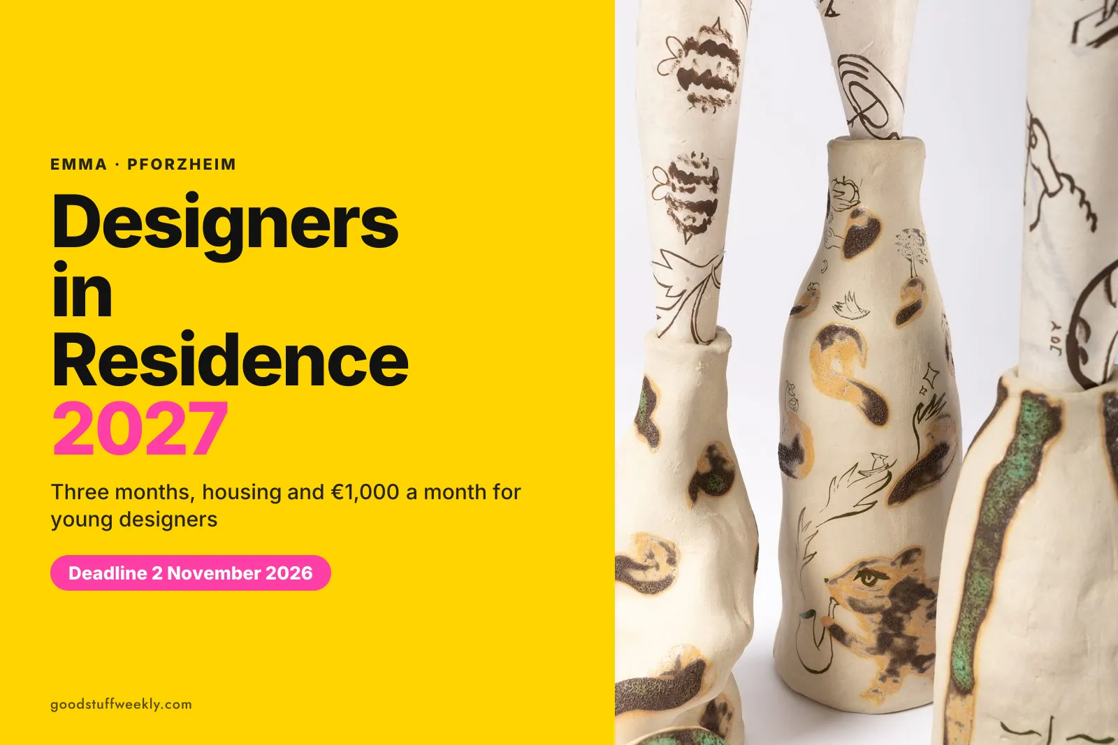 Painted ceramic vessels by a former resident on yellow, with the title EMMA Designers in Residence 2027