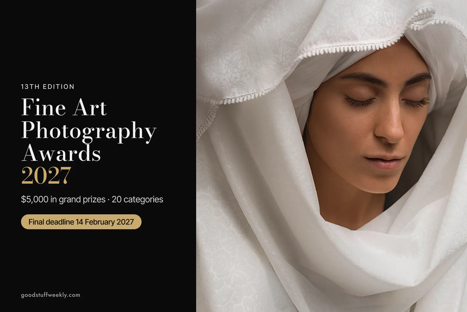 Portrait of a woman in a white veil, beside the title Fine Art Photography Awards 2027