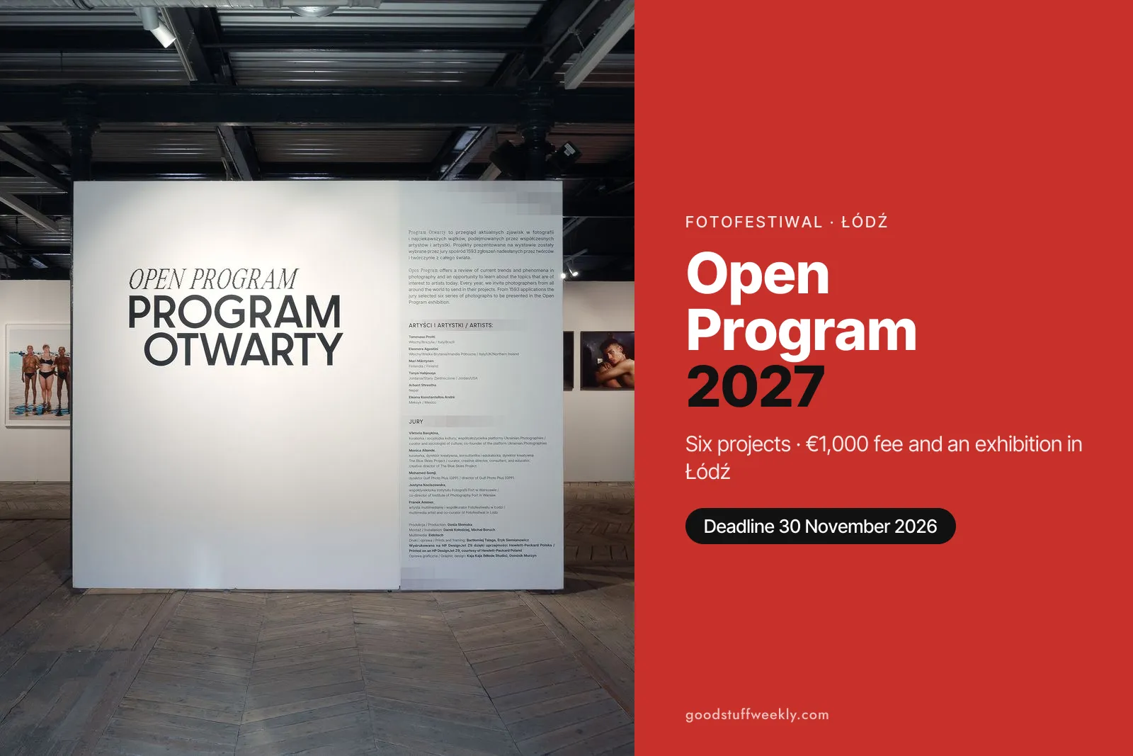 The entrance wall of the Open Program exhibition at Fotofestiwal in Łódź, with photographs on red walls