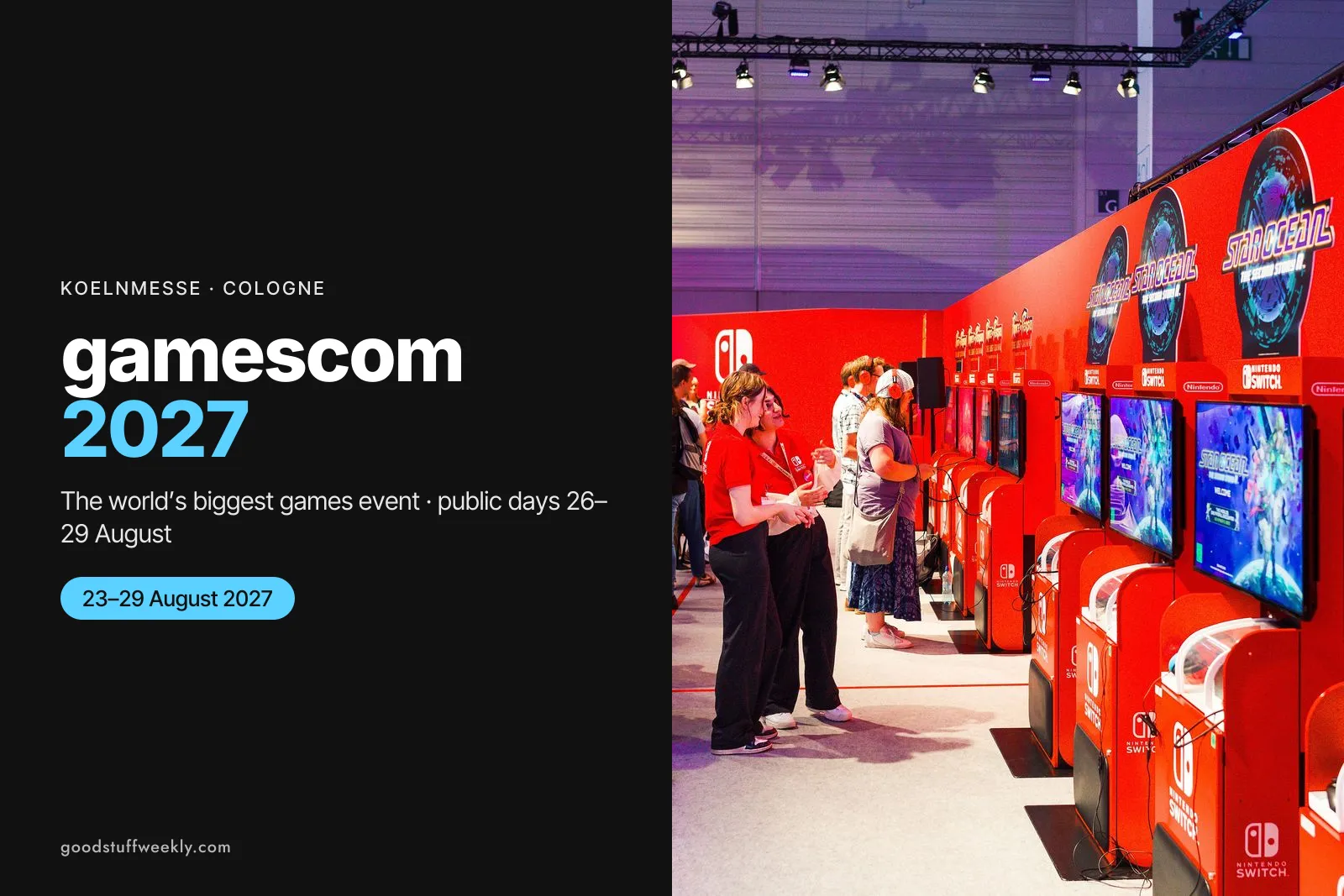 Visitors playing games at a row of red Nintendo Switch demo stations at gamescom in Cologne