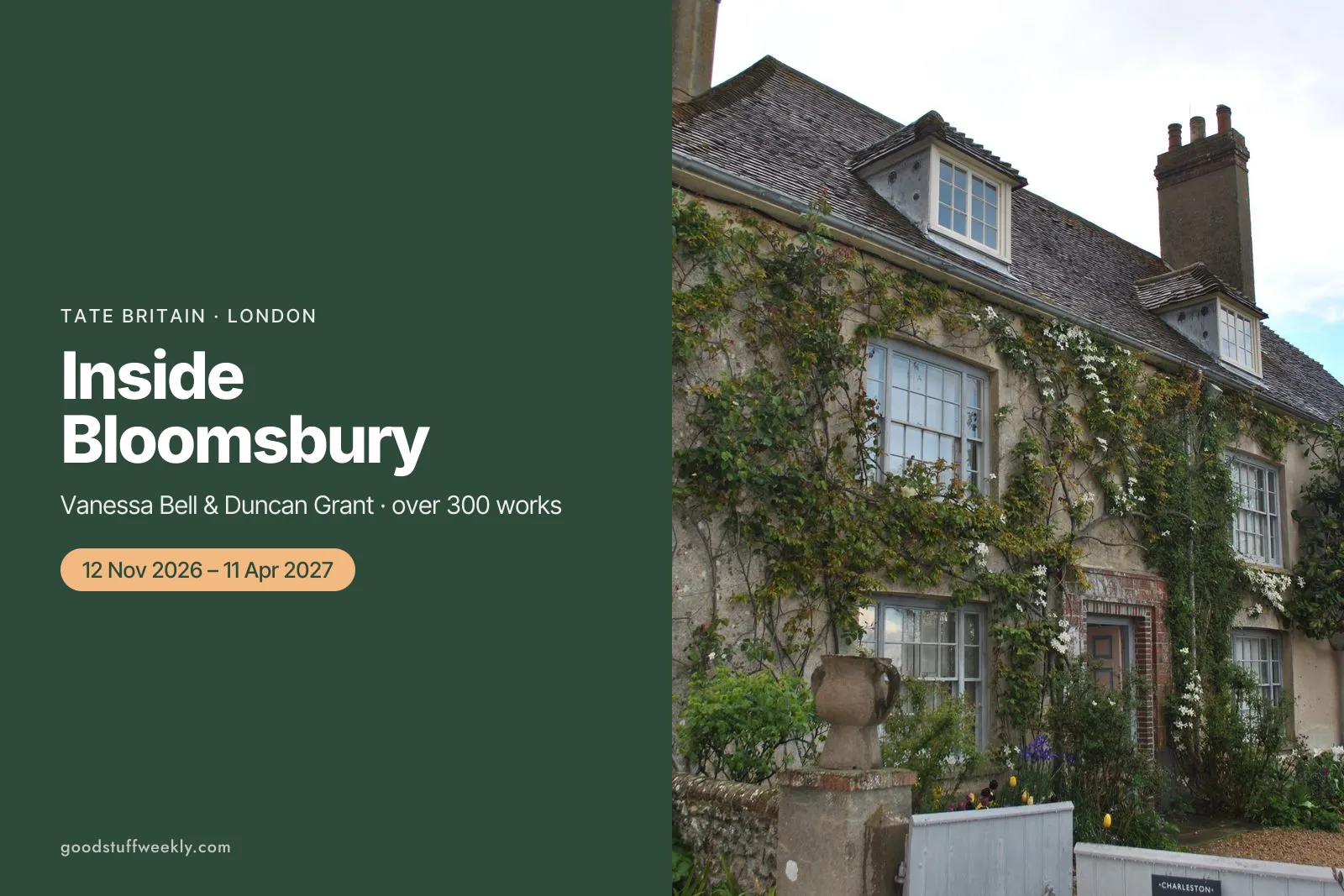 Charleston Farmhouse in Sussex, home of Vanessa Bell and Duncan Grant, covered in climbing plants
