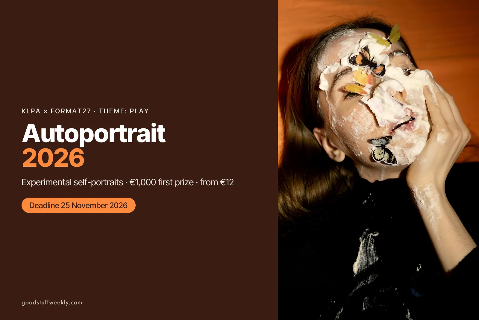 An experimental self-portrait of a woman with her face partly covered in a cracked white mask and butterflies