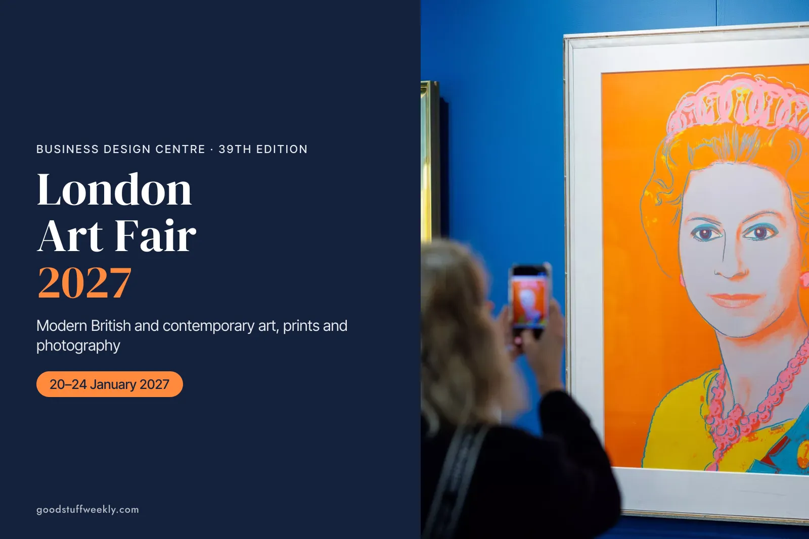 A visitor photographing a portrait print of Queen Elizabeth II on a gallery stand at London Art Fair