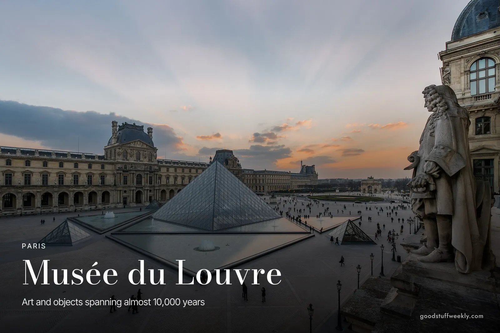 The Louvre Pyramid and Cour Napoléon at sunset