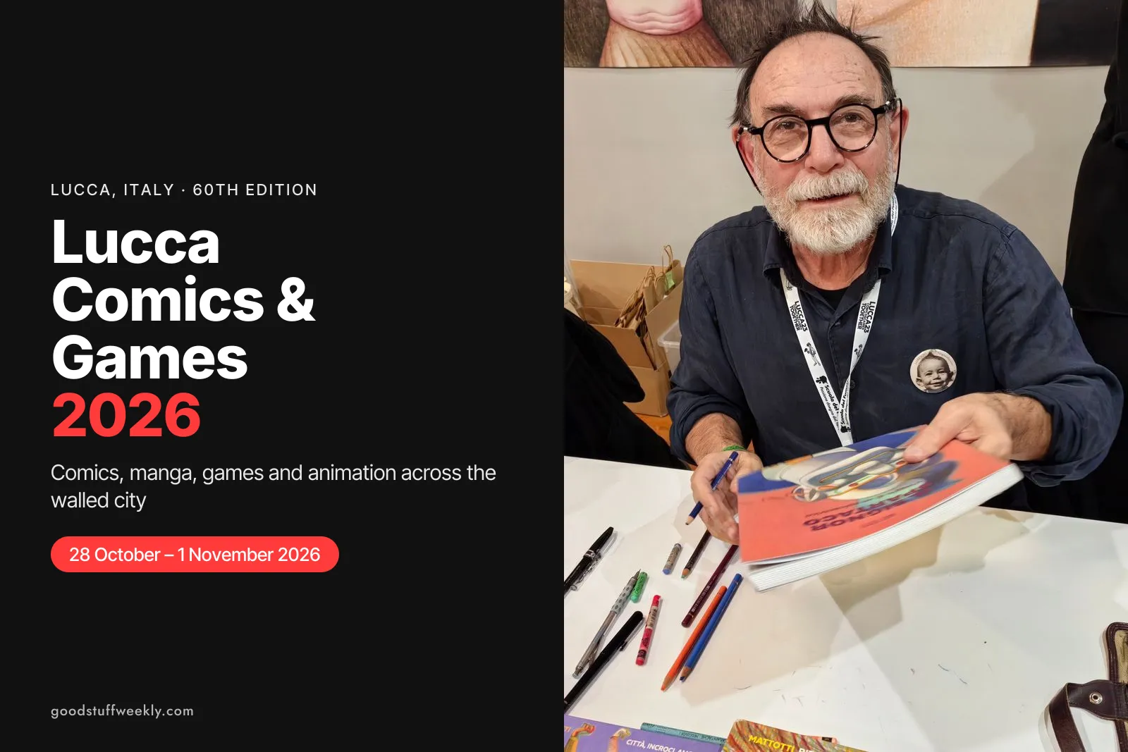 Illustrator Lorenzo Mattotti signing a book at Lucca Comics & Games, beside the title Lucca Comics & Games 2026