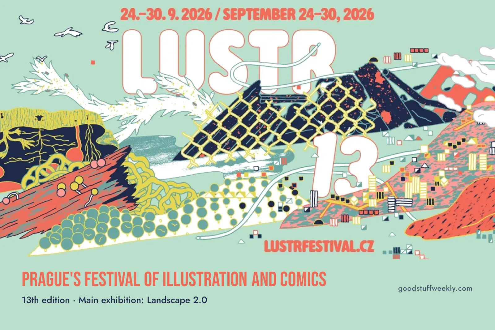 LUSTR 2026: colourful illustrated landscape poster with mountains, a chain-link fence and forests in mint, coral and navy, festival of illustration and comics in Prague, 24–30 September 2026