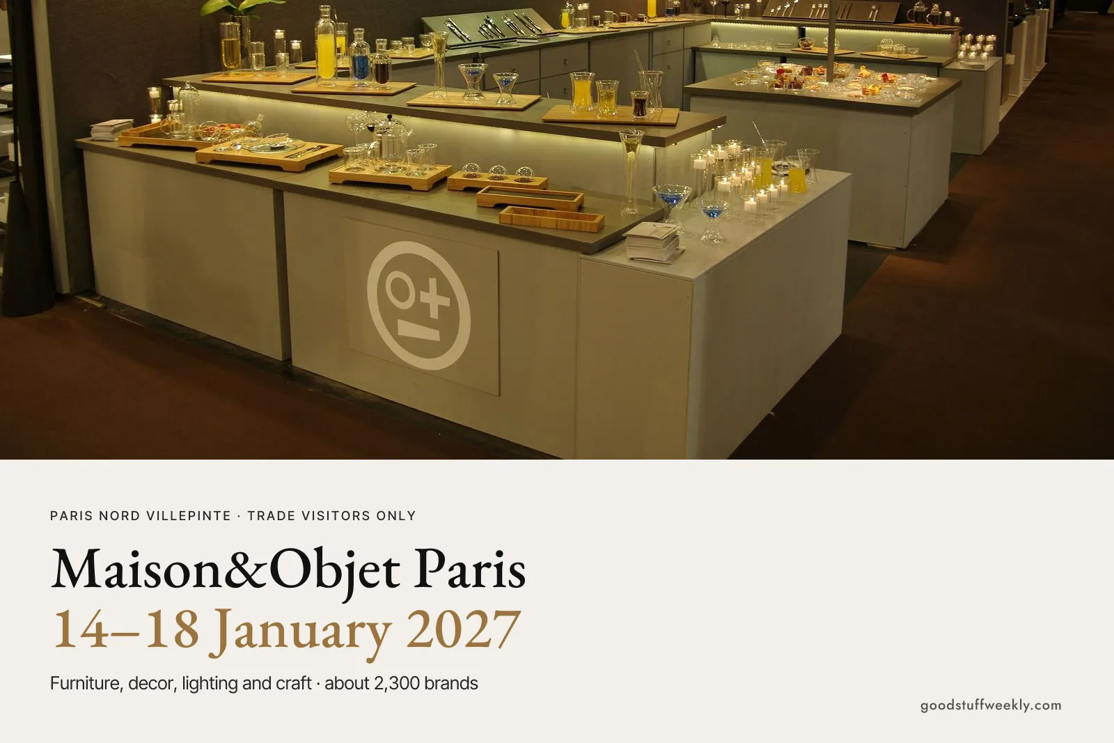 A tableware stand with glassware and wooden trays at the Maison&Objet trade fair in Paris
