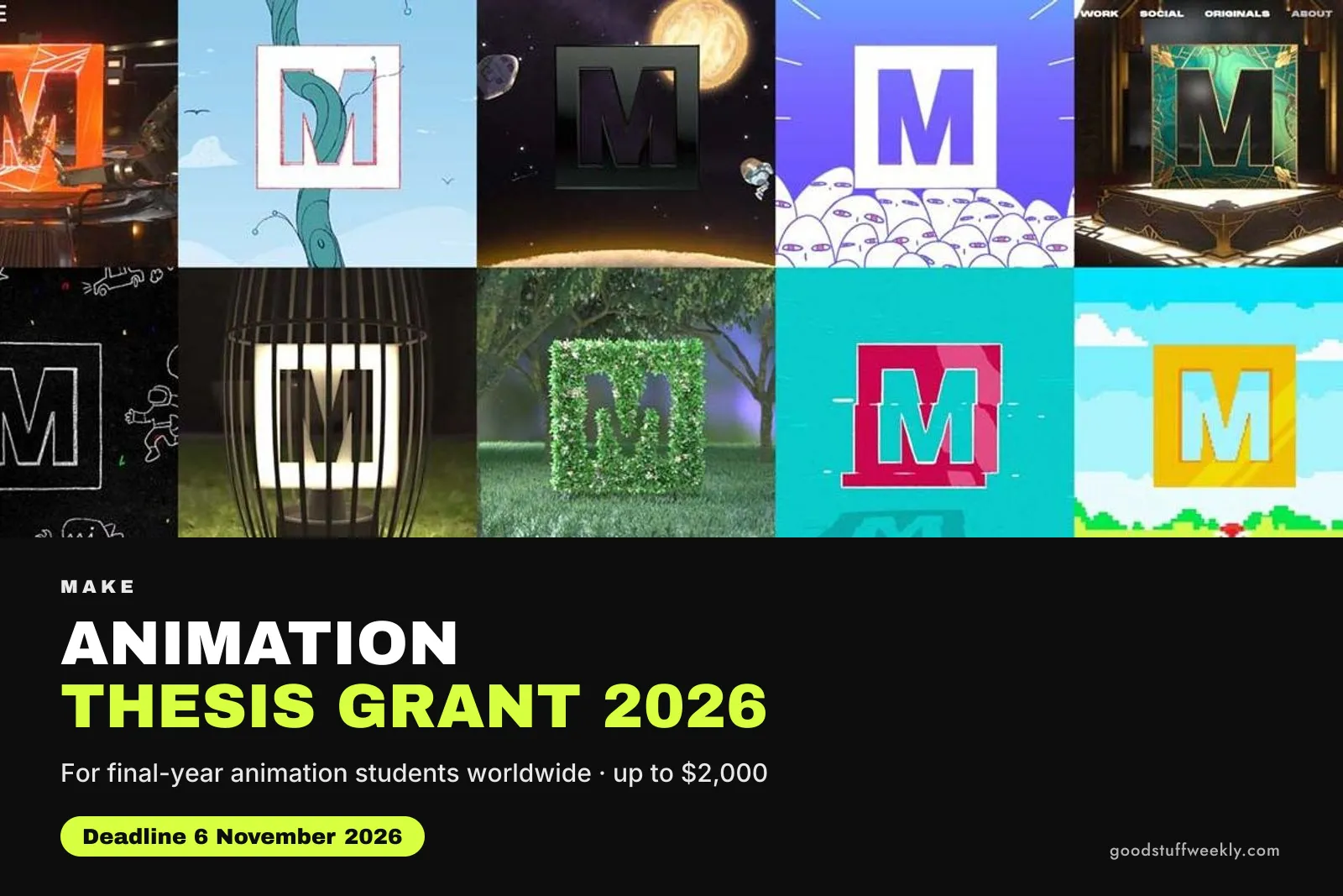 Grid of colourful MAKE logo animations above the title MAKE Animation Thesis Grant 2026