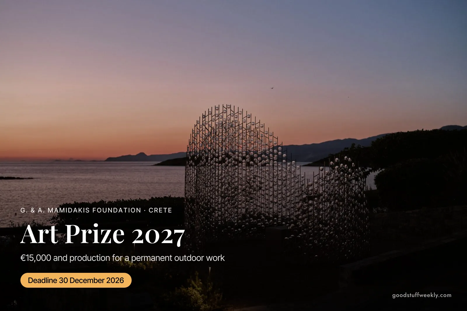 Openwork sculpture on a headland above the sea at sunset in Crete, with the title Mamidakis Foundation Art Prize 2027
