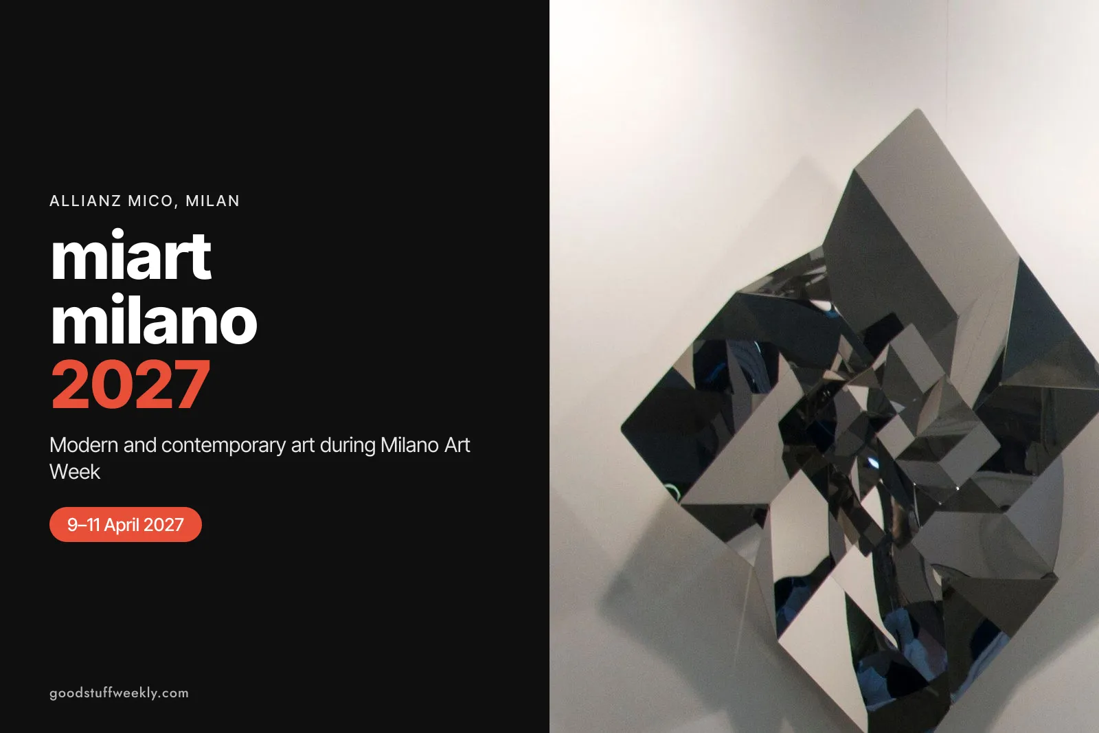 A faceted mirrored wall sculpture on a gallery stand at miart, Milan
