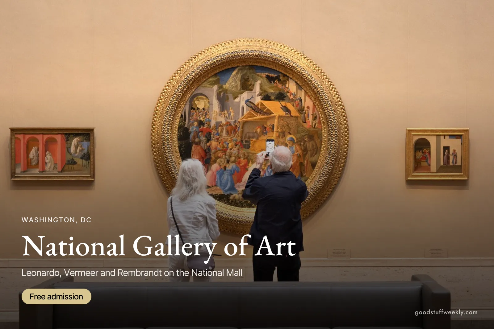Visitors photographing a round Renaissance painting at the National Gallery of Art
