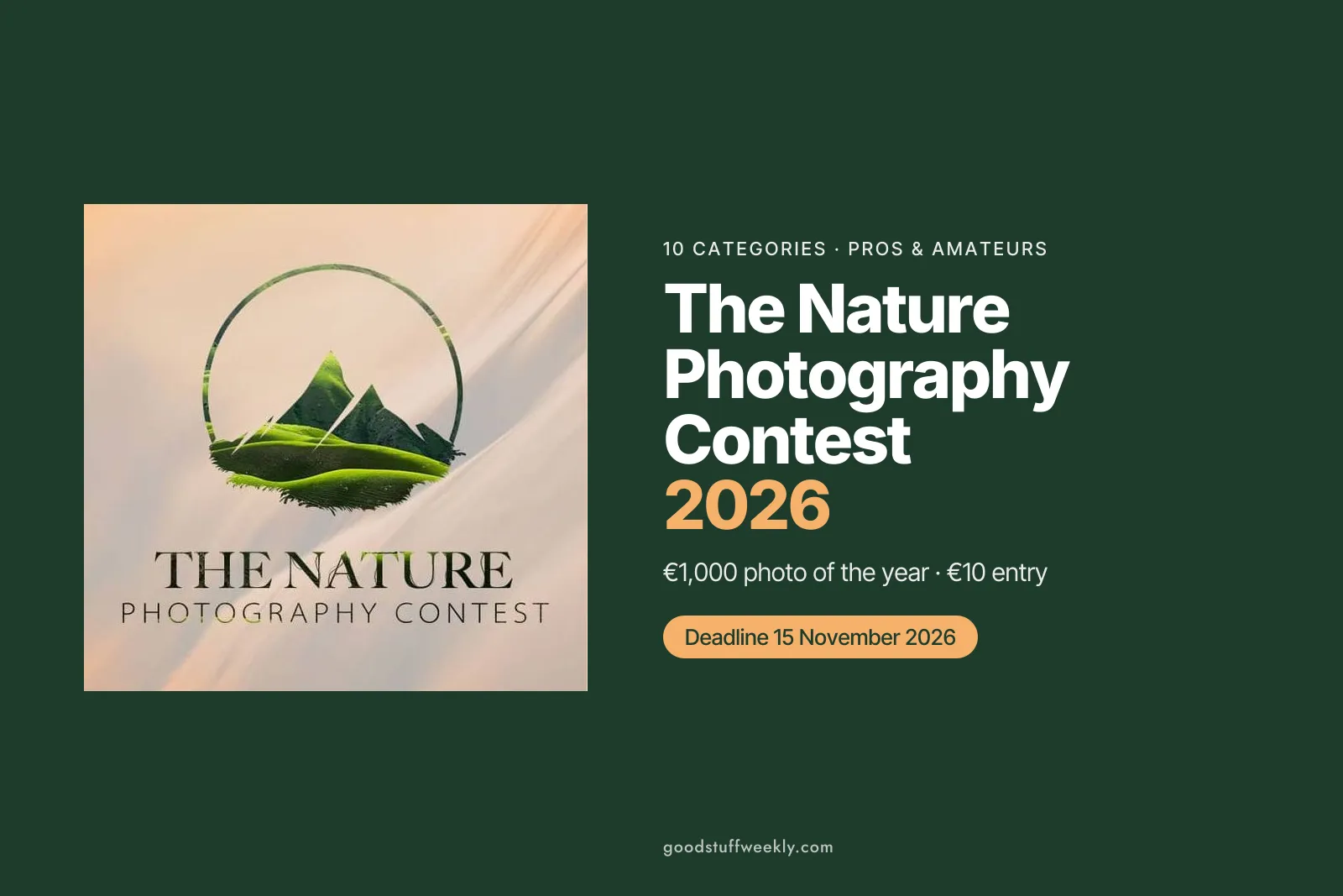 The Nature Photography Contest logo, a circle around green mountains on a soft peach background
