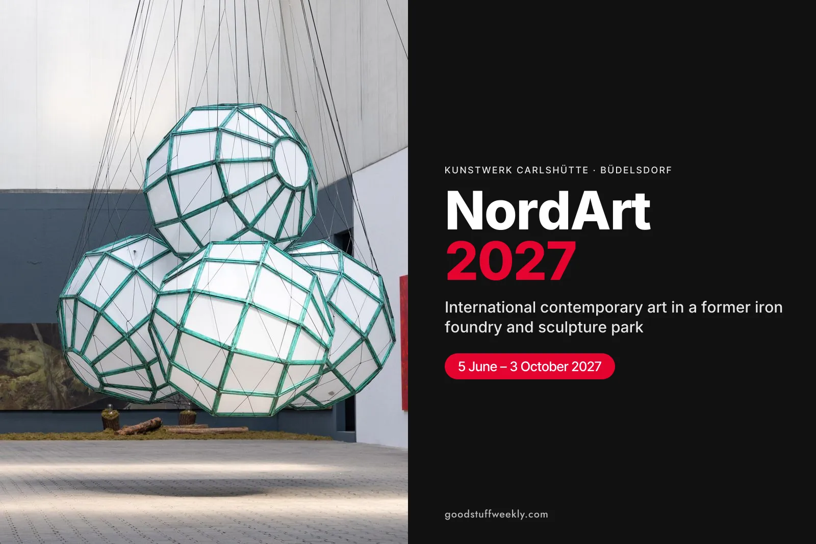 Large glass-panel spheres hanging in the Carlshütte hall, beside the title NordArt 2027