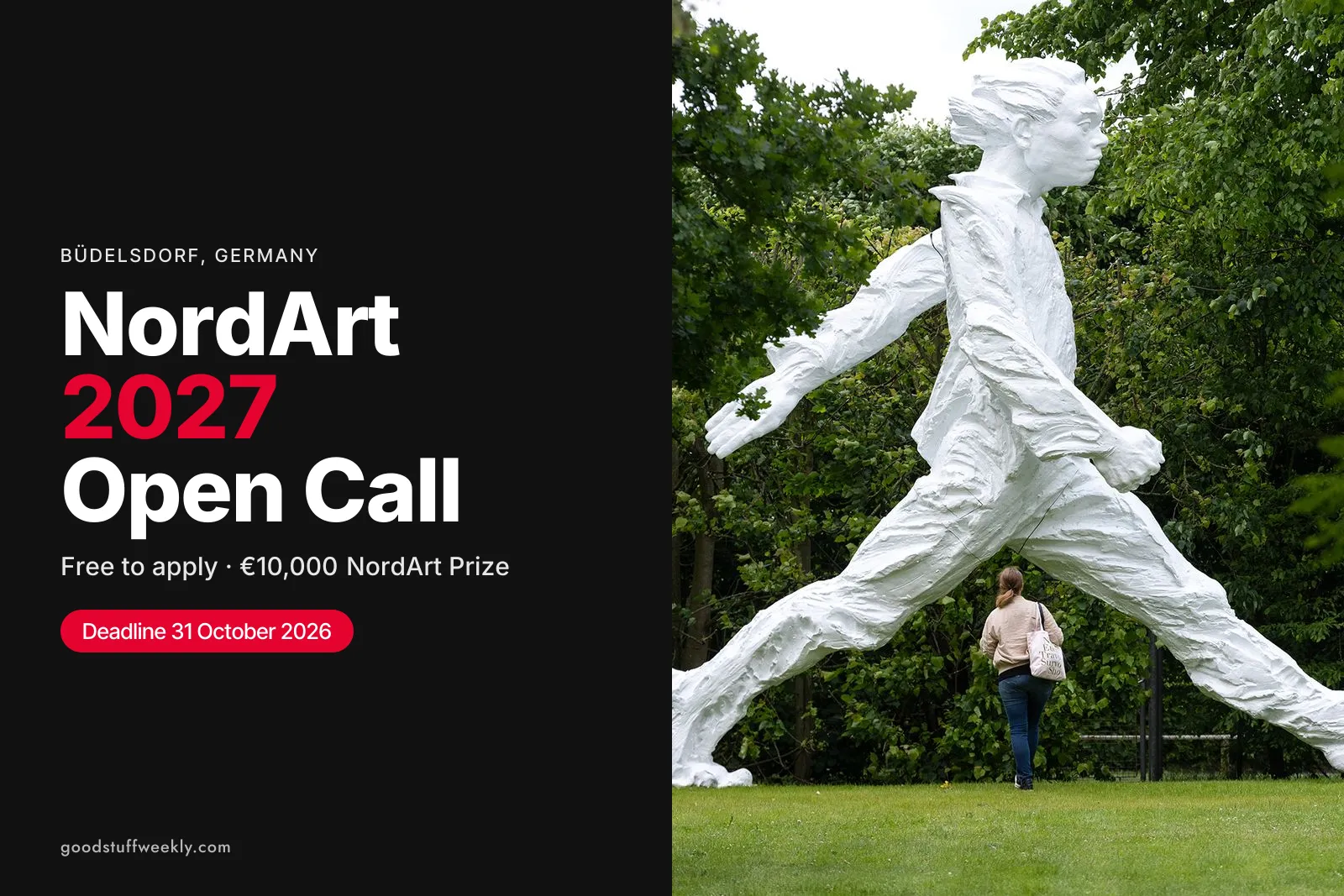 Large white walking-figure sculpture in the NordArt park, beside the title NordArt 2027 Open Call