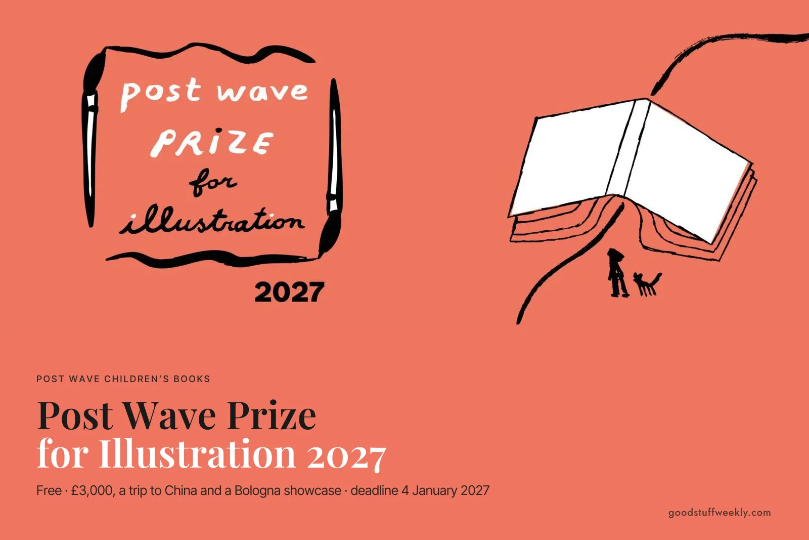 Post Wave Prize for Illustration logo and a drawing of a child under a giant open book on coral, above the title