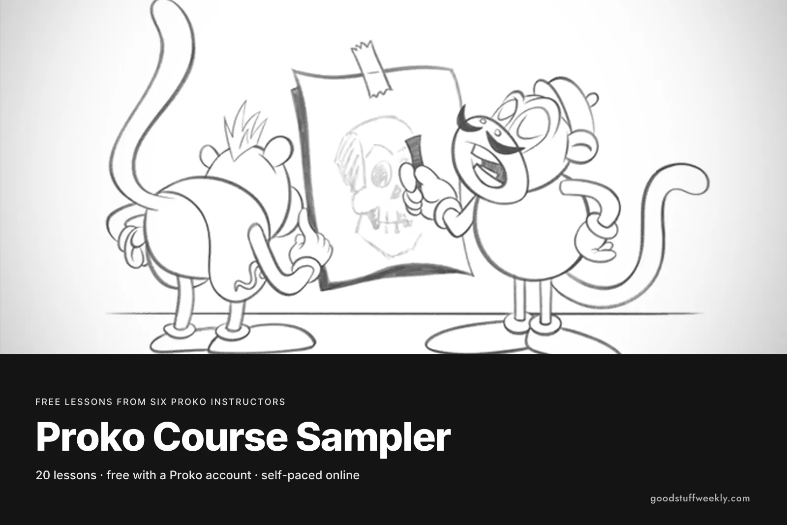 A cartoon drawing of two monkeys looking at a sketch of a skull, for the Proko Course Sampler