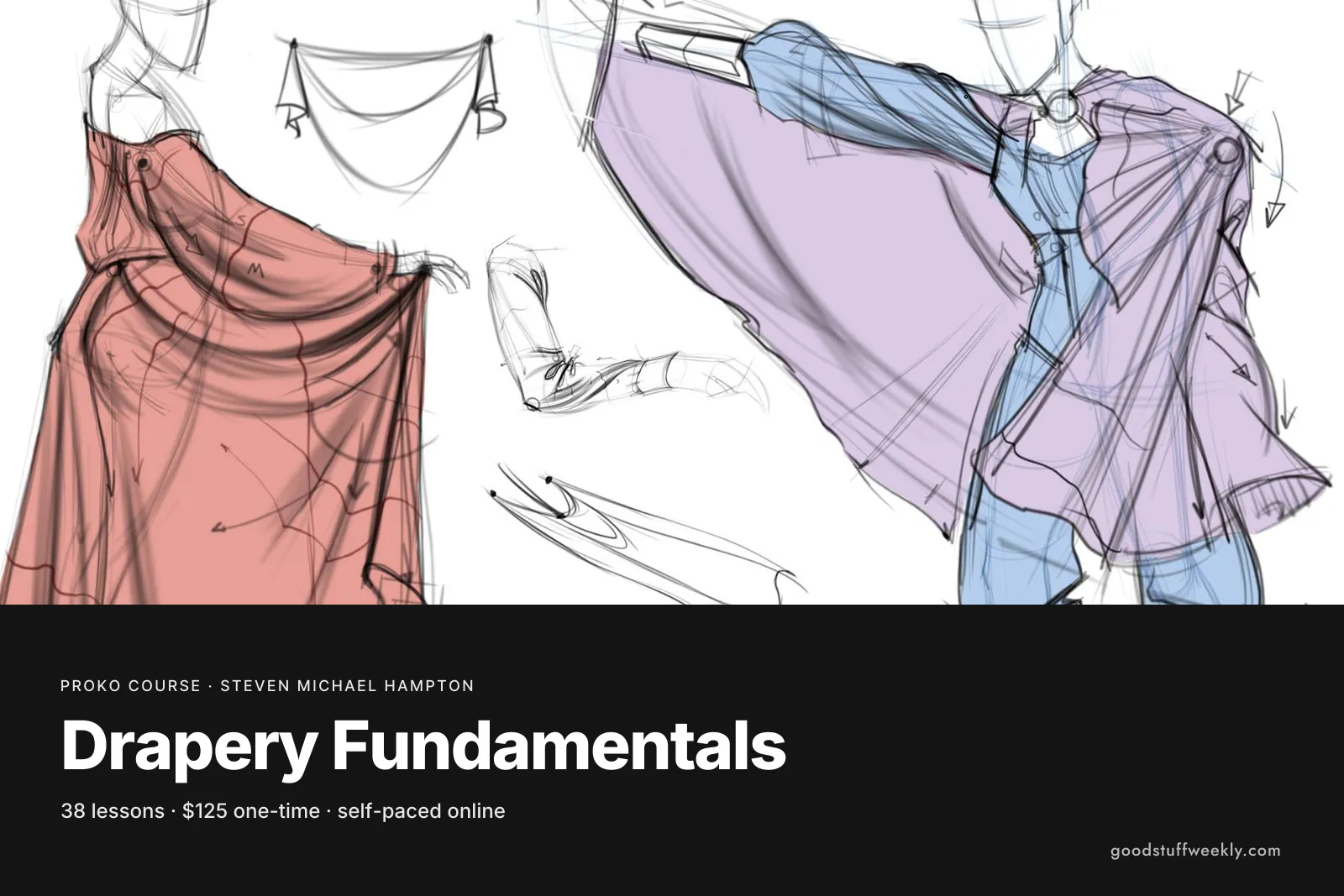 Coloured sketches of draped cloth and a figure in a cloak, for Proko's Drapery Fundamentals