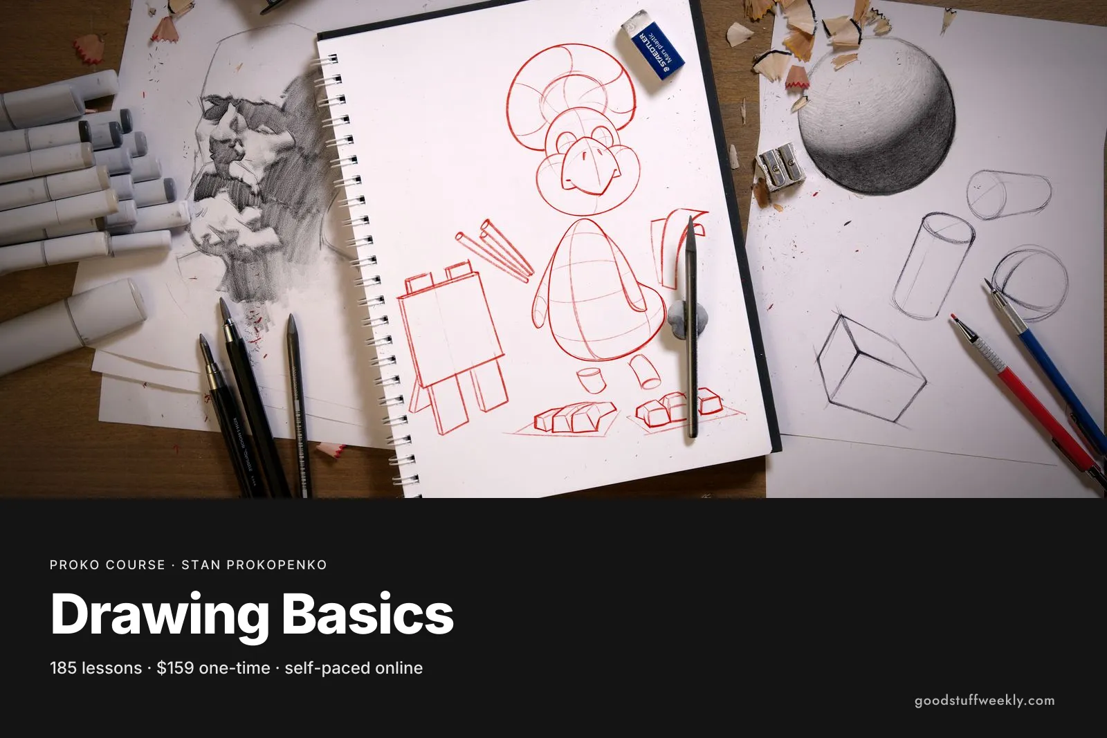 A sketchbook with a red construction drawing of a cartoon character, pencils and simple 3D shapes, for Proko's Drawing Basics