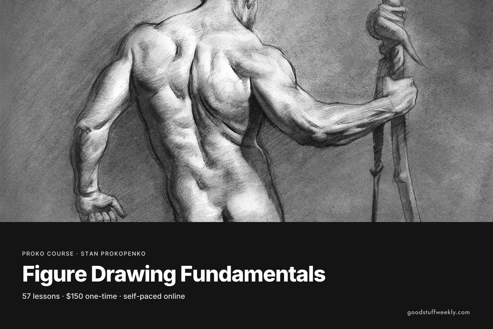 A graphite drawing of a muscular male figure seen from behind, for Proko's Figure Drawing Fundamentals