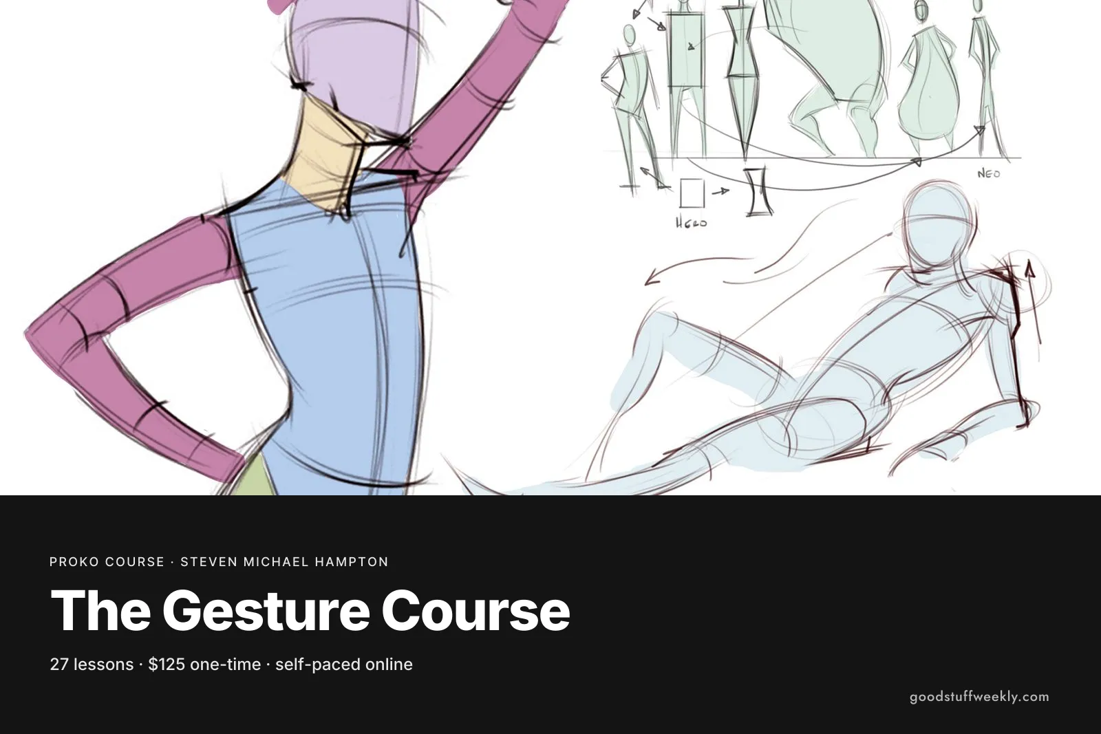 Colourful gesture drawings of a reclining figure and simplified standing figures, for Proko's Gesture Course