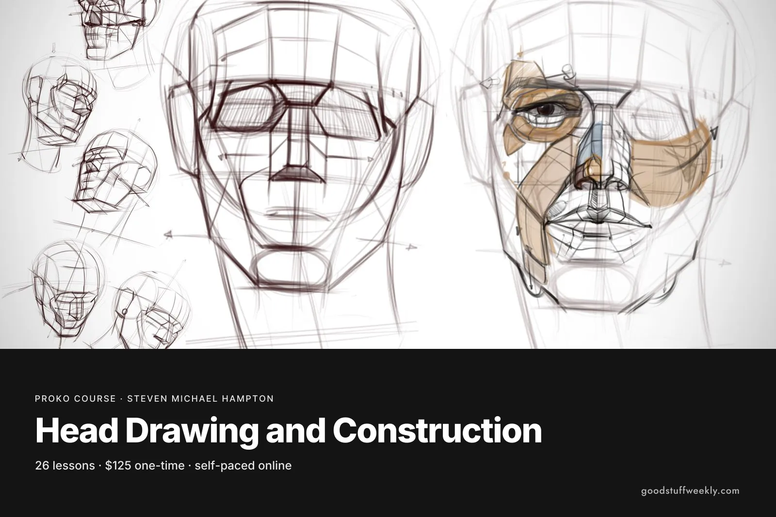 Construction drawings of heads built from planes and boxes, for Proko's Head Drawing and Construction