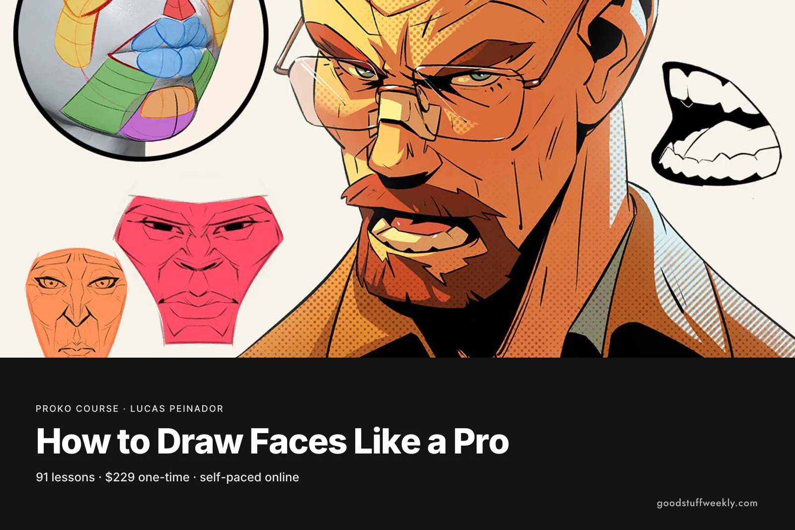 A stylised colour illustration of a bald man with glasses and studies of facial features, for How to Draw Faces Like a Pro