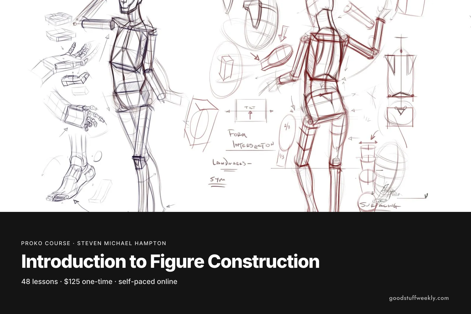 Pencil and red construction studies of standing figures built from simple forms, for Proko's Introduction to Figure Construction