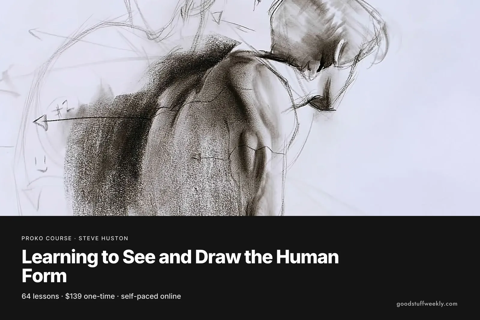 A charcoal study of a male torso and arm with directional marks, for Learning to See and Draw the Human Form