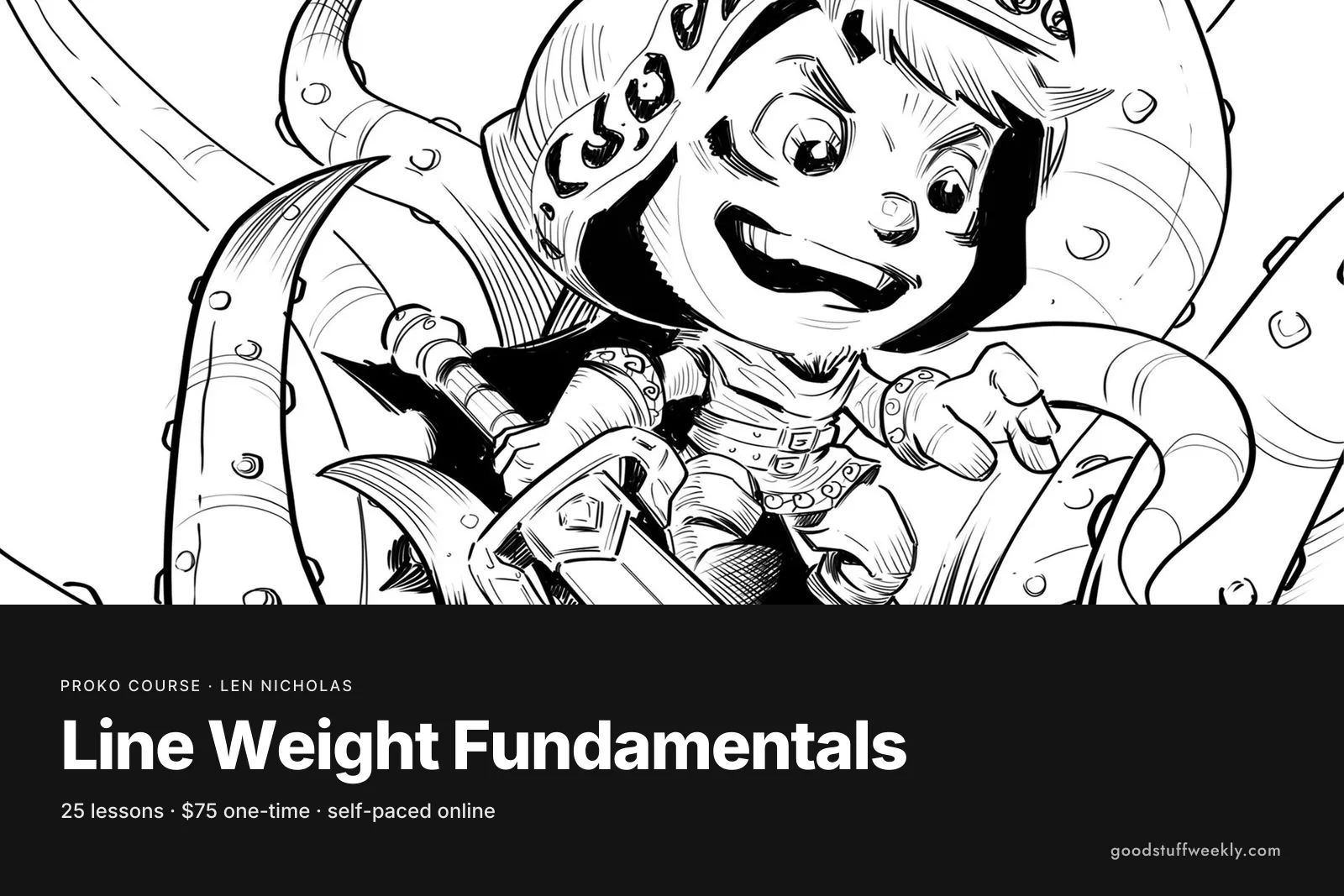 An inked drawing of a grinning young warrior in a spotted hood, showing varied line weight, for Line Weight Fundamentals