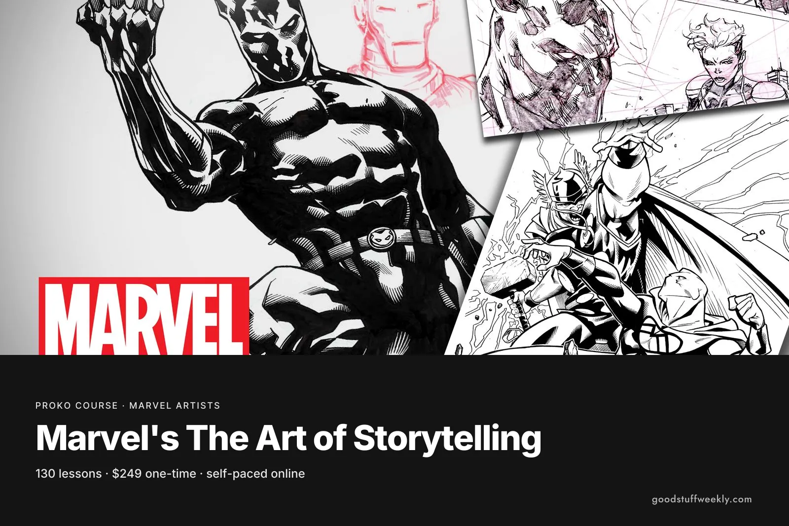 Black-and-white comic art of Black Panther and other Marvel characters, for Marvel's The Art of Storytelling on Proko