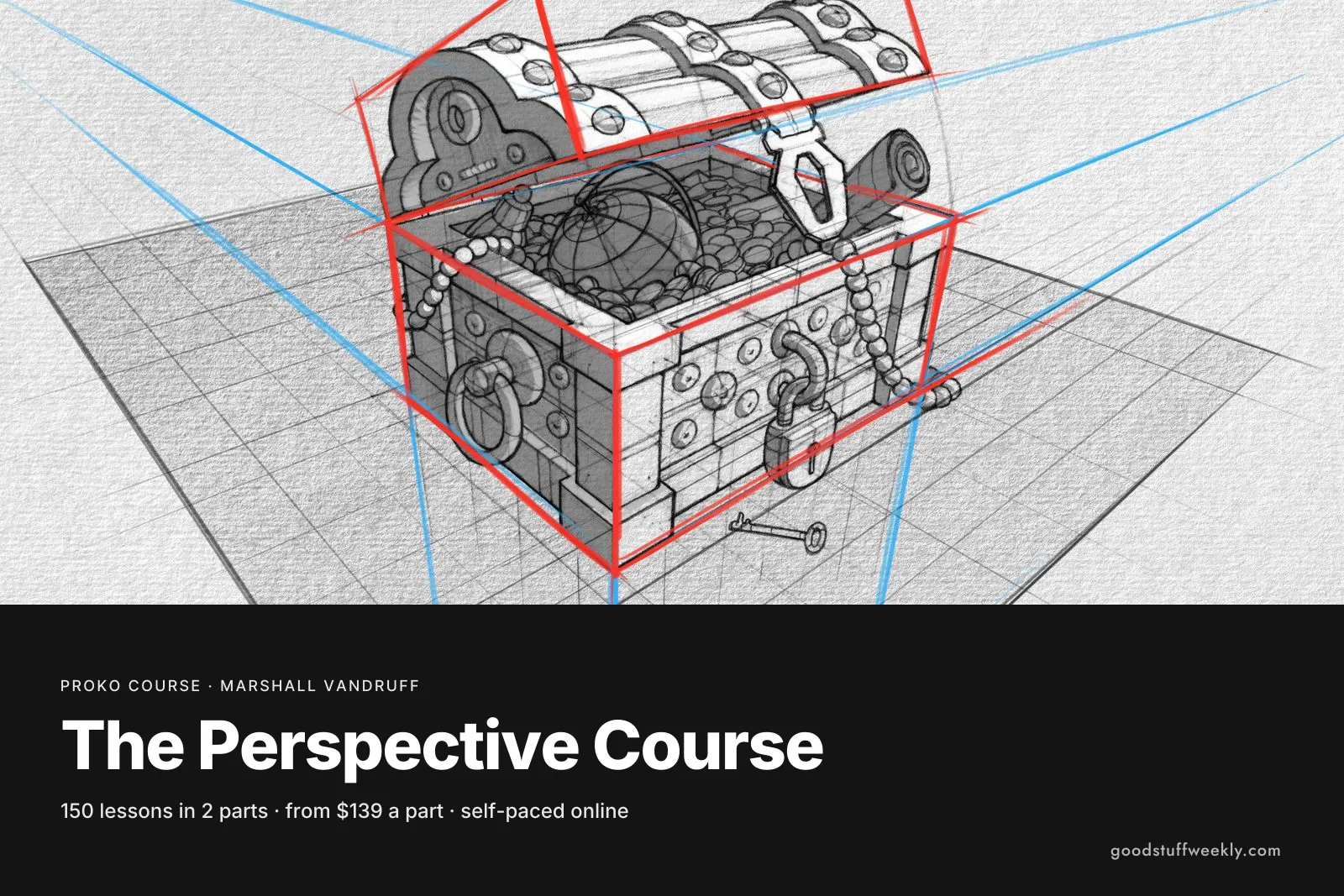A treasure chest drawn on a perspective grid with vanishing lines, for Proko's Perspective Course