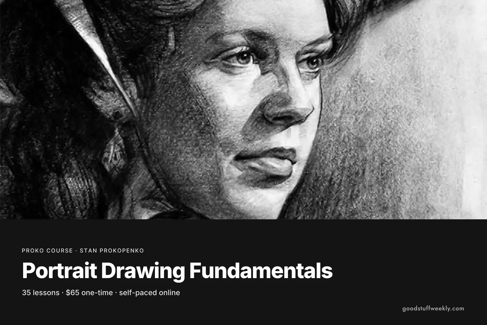 A charcoal portrait of a woman looking to the side, for Proko's Portrait Drawing Fundamentals
